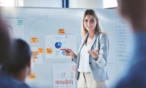 Sales woman, marketing and finance presentation on whiteboard for business meeting, workshop planni