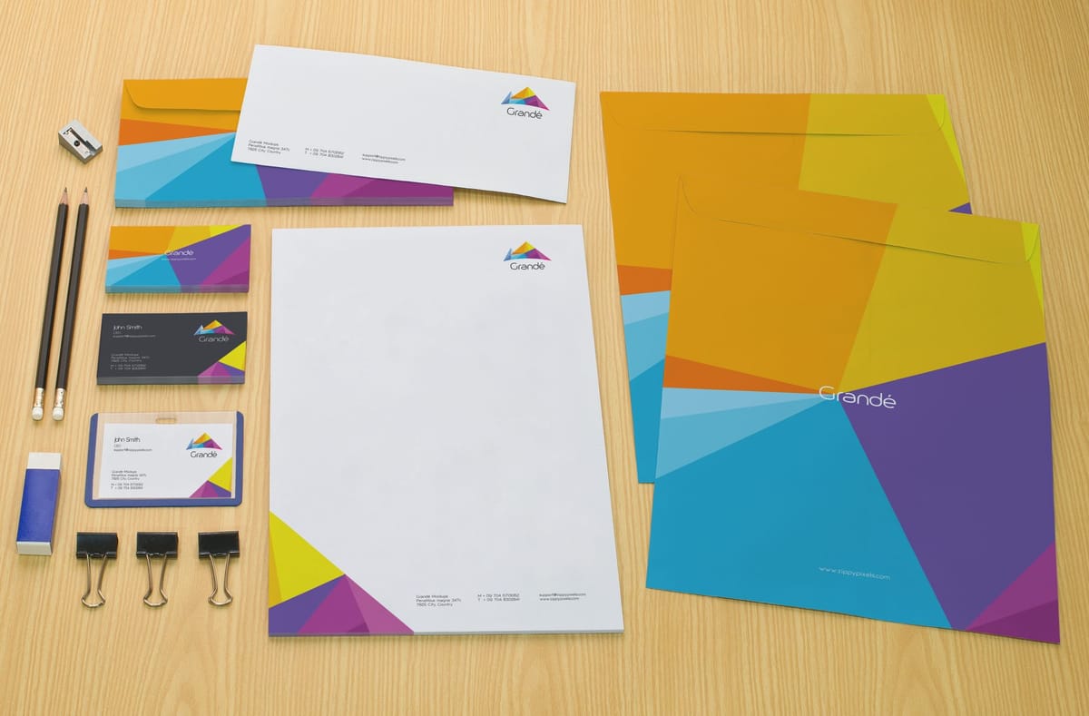 Stationery set: letterhead, envelopes, cards and folders
